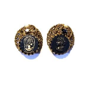 Vintage West Germany Black Glass Cameo Clip On Earrings Filigree Faux Pearl